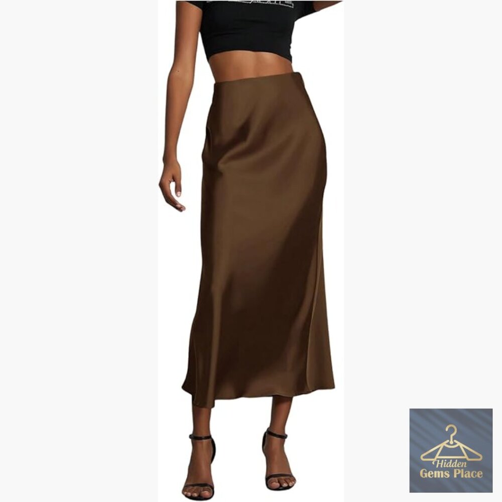 Satin Midi Skirt High Waisted Flared Fishtail Work Office Elegant